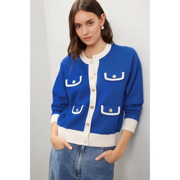 NWT SANDRO Murcie Green Ivory Knit Boxy Crest Button Cardigan Sweater, Size 1/S - Picture 3 of 16